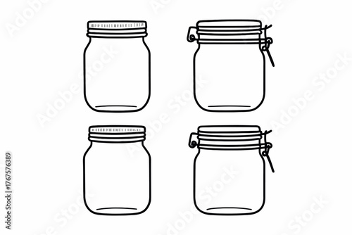 4 outline storage jars with screw and clip lids flat vector illustration style isolated on white background