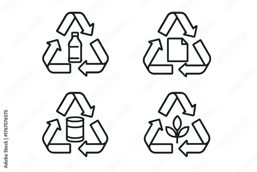 Obraz premium 4 outline recyclable symbols with clear material icons flat vector illustration style isolated on white background