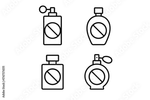 4 outline perfume bottles with forbidden icons indicating fragrance free flat vector illustration style isolated on white background