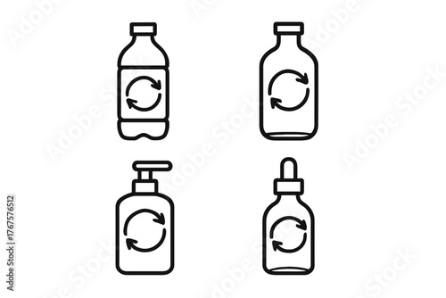 4 outline refillable bottle icons promoting refillable packaging flat vector illustration style isolated on white background