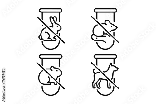 4 outline animal test tubes with through for cruelty free flat vector illustration style isolated on white background