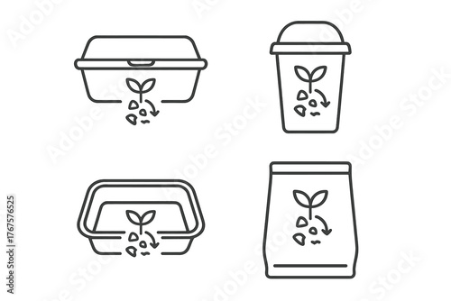 4 outline biodegradable containers with breakdown symbols flat vector illustration style isolated on white background