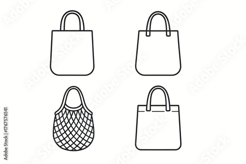 4 outline fabric shopping bags with no single use tag flat vector illustration style isolated on white background