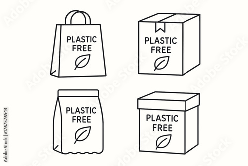 4 outline paper bags and cardboard boxes indicating plastic free packaging flat vector illustration style isolated on white background
