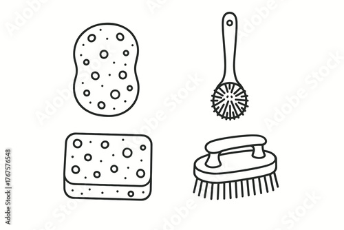 4 outline natural sponge and wooden brush alternatives flat vector illustration style isolated on white background