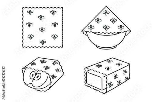 4 outline beeswax wraps replacing plastic film flat vector illustration style isolated on white background