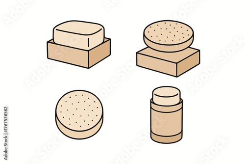 4 outline shampoo bars and solid cosmetics with zero waste packaging flat vector illustration style isolated on white background