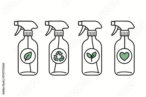 4 outline glass spray bottles with eco labels flat vector illustration style isolated on white background