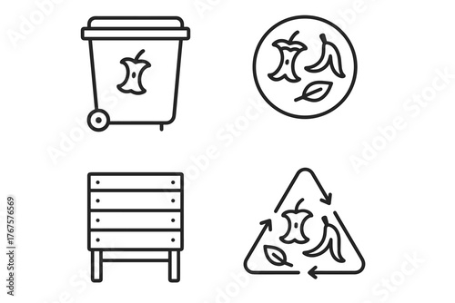 4 outline compost bins and sorting symbols flat vector illustration style isolated on white background