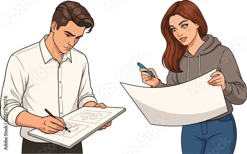 Cartoon people drawing, sketchpad and marker, creative workspace, design session, vector illustration, teamwork, art tools, stock image, collaboration, concept