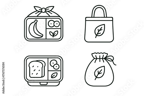 4 outline zero waste lunch boxes and reusable bags flat vector illustration style isolated on white background