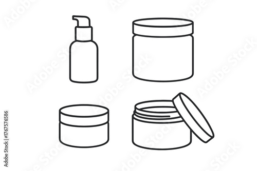 4 outline refillable cosmetic jars and tubs flat vector illustration style isolated on white background