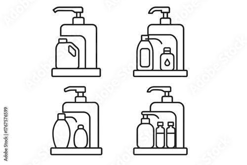 4 outline refill stations for detergent and shampoo flat vector illustration style isolated on white background