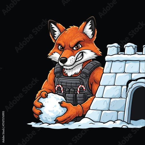 Grinning fox character with snowball near igloo, wearing vest, exudes playful mischief for winter sports, gaming, and festive holiday campaigns
