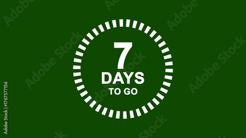 White circle countdown timer showing 7 days to go on a dark green background seven