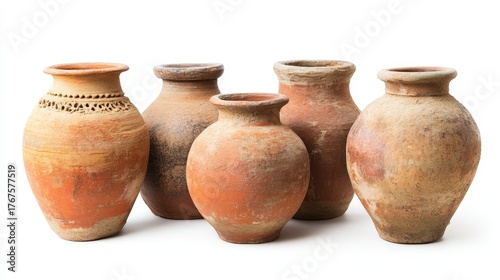 Old clay pots from the past, like vases, separated on a white background.
