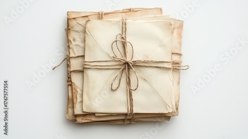 Old letters tied with string, seen from above on a white background.

