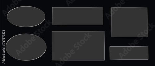 Minimal black background layout of geometric shapes ovals, squares, and rectangles with white outlines for modern design, abstract art, and templates.