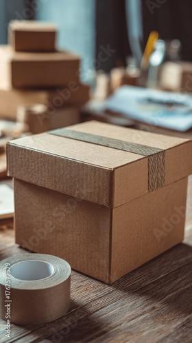 Stylish recycled cardboard box with sustainable packaging tape during unboxing on a wooden table showcasing eco friendly shipping materials perfect for green business concept