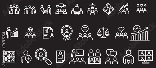 Business and teamwork concept line icons including leadership, productivity and collaboration. Vector