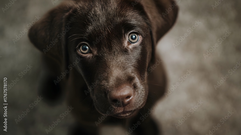 Fototapeta premium Close up portrait of an adorable chocolate labrador puppy looking up with soulful eyes