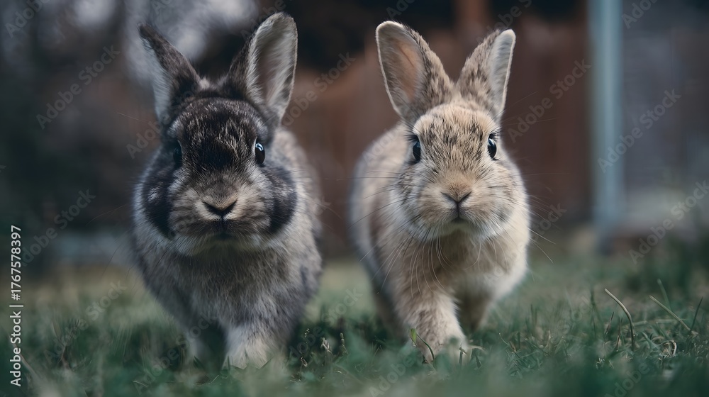 Fototapeta premium Two adorable rabbits with brown and grey fur gaze forward while walking on green grass outdoors