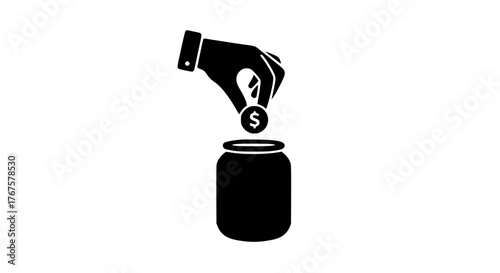 Hand drops coin black white icon 