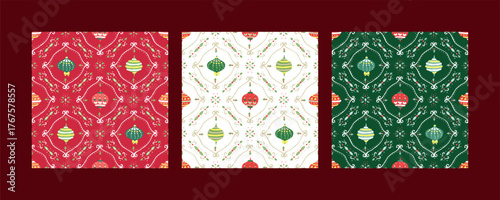 Set of Christmas ornament seamless pattern in hand drawing illustration style available in red, green, white version perfect for cards, wallpaper, background, towel, textile, fabric, paper, wrapping