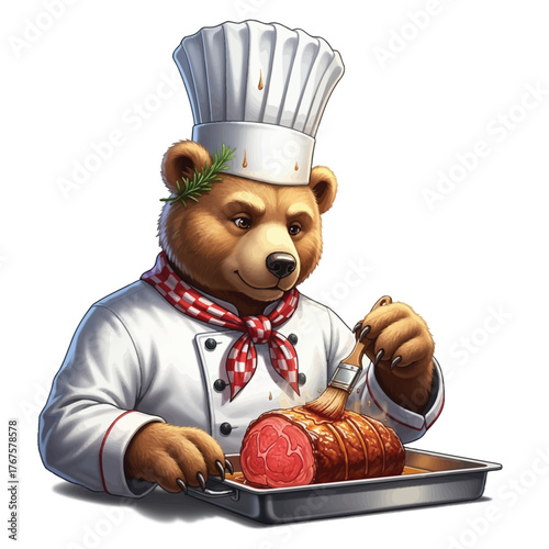 Whimsical bear chef basting delicious roast beef with rosemary in chef's hat, perfect for restaurant menus, culinary blogs, and playful food branding