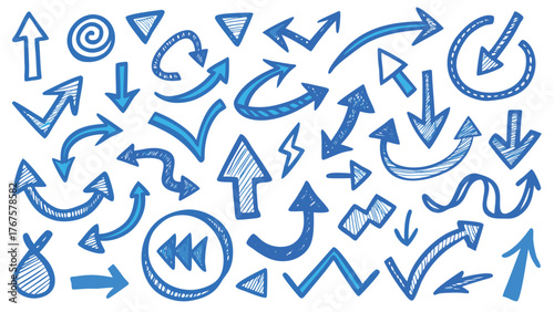 Vector illustration of various arrow doodles in different styles and directions on a white background..eps