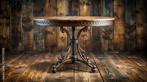 Elegant Round Wooden Table with Ornate Metal Base on Wooden Floor