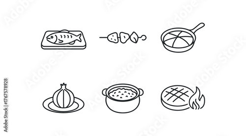 simple outline stroke icon isolated on white background wooden platter smoked fish spit roast root medley cast iron skillet cornbread stuffed onion dish claypot lentil mash oven fired rye