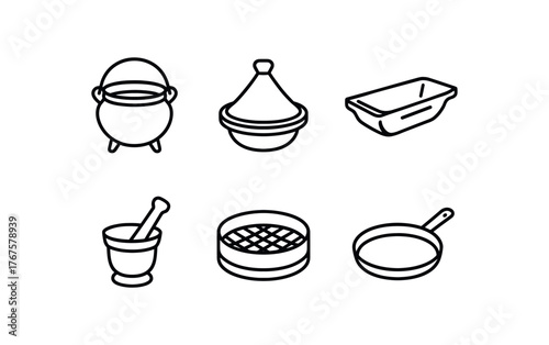 simple outline stroke icon isolated on white background Food Museum cast iron cauldron clay pot tagine wooden dough trough brass mortar and pestle woven grain sifter iron griddle