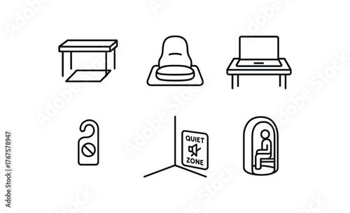 simple outline stroke icon isolated on white background deep focus table section cushioned meditation chair area silent laptop table do not disturb desk row quiet zone floor corner personal