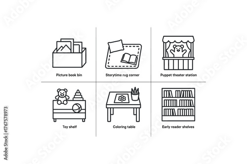 simple outline stroke icon isolated on white background picture book bins storytime rug corner puppet theater station toy shelf coloring table early reader shelves