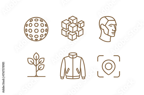 simple outline stroke icon isolated on white background perforated bronze sphere fragmented cube assemblage digital molded portrait eco theme bronze tree hyperreal bronze jacket AR marker