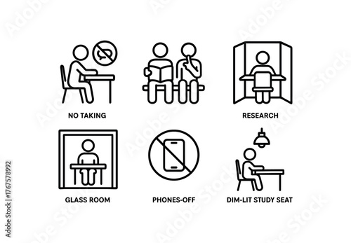 simple outline stroke icon isolated on white background no talking study hall whisper only reading bench silent research booth noise insulated glass room phones off signage area dim lit