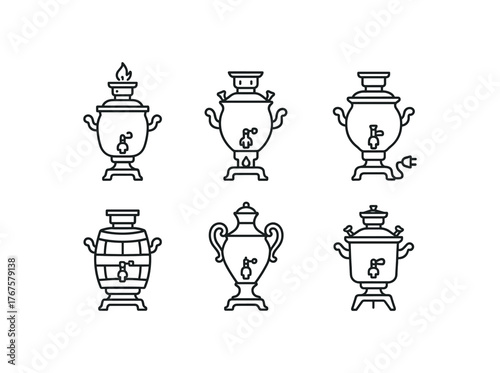 simple outline stroke icon isolated on white background Folk Museum coal fired samovar kerosene primus samovar electric nickel plated samovar brass barrel samovar porcelain urn samovar