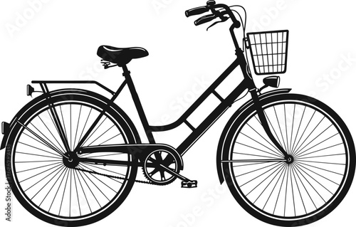 Black and white city bicycle silhouette vector, step-through frame bike with basket and rack, cad drawing flat vector illustration