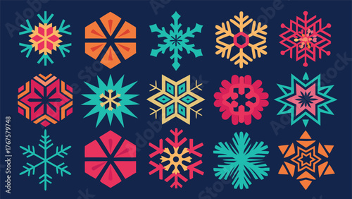 Diverse snowflake icons displayed in multiple colors, each featuring unique patterns and styles on a neutral backdrop..eps