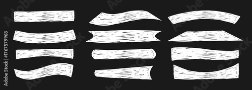 Curvature Freeform. Chalk white ribbon and banner shapes on black background. Hand Drawn various curved elements, Form. Isolated Crayon textured drawings scrawls. Vector illustration. Not AI
