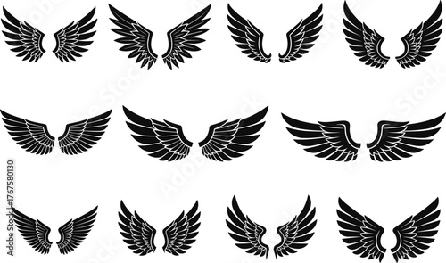 Black wing vector set, stylized feather illustrations, symmetrical flying symbols, tattoo and logo design elements, cad drawing flat vector illustration