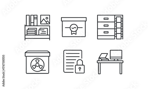simple outline stroke icon isolated on white background local history documents room sealed map drawer units photographic negatives cabinet audio tape collection box locked access register