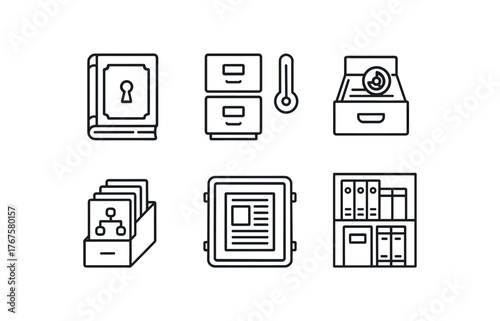 simple outline stroke icon isolated on white background rare manuscript vault temperature controlled file cabinets microfilm storage drawer genealogy records section climate sealed