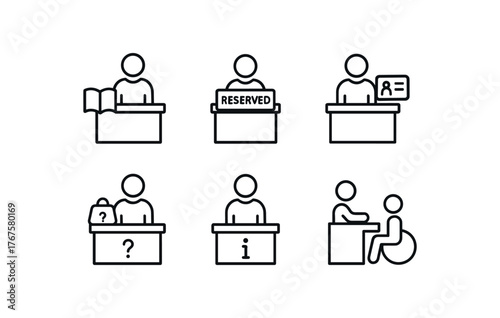 simple outline stroke icon isolated on white background librarian station reserved items membership application desk lost and found events info point accessible height reception desk