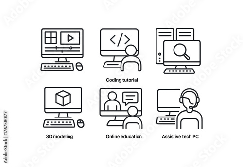 simple outline stroke icon isolated on white background multimedia editing desk coding tutorial section high speed research computers 3D modeling workstation online learning hub assistive