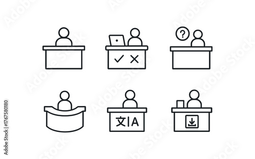 simple outline stroke icon isolated on white background front desk reception check / help desk reception curved service bilingual information desk media return