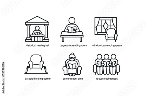 simple outline stroke icon isolated on white background historical reading hall large print reading room window bay reading space carpeted reading corner senior reader area group reading