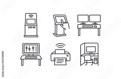 simple outline stroke icon isolated on white background high speed internet kiosk touchscreen info station dual monitor research pod multimedia editing bay wireless printing access point