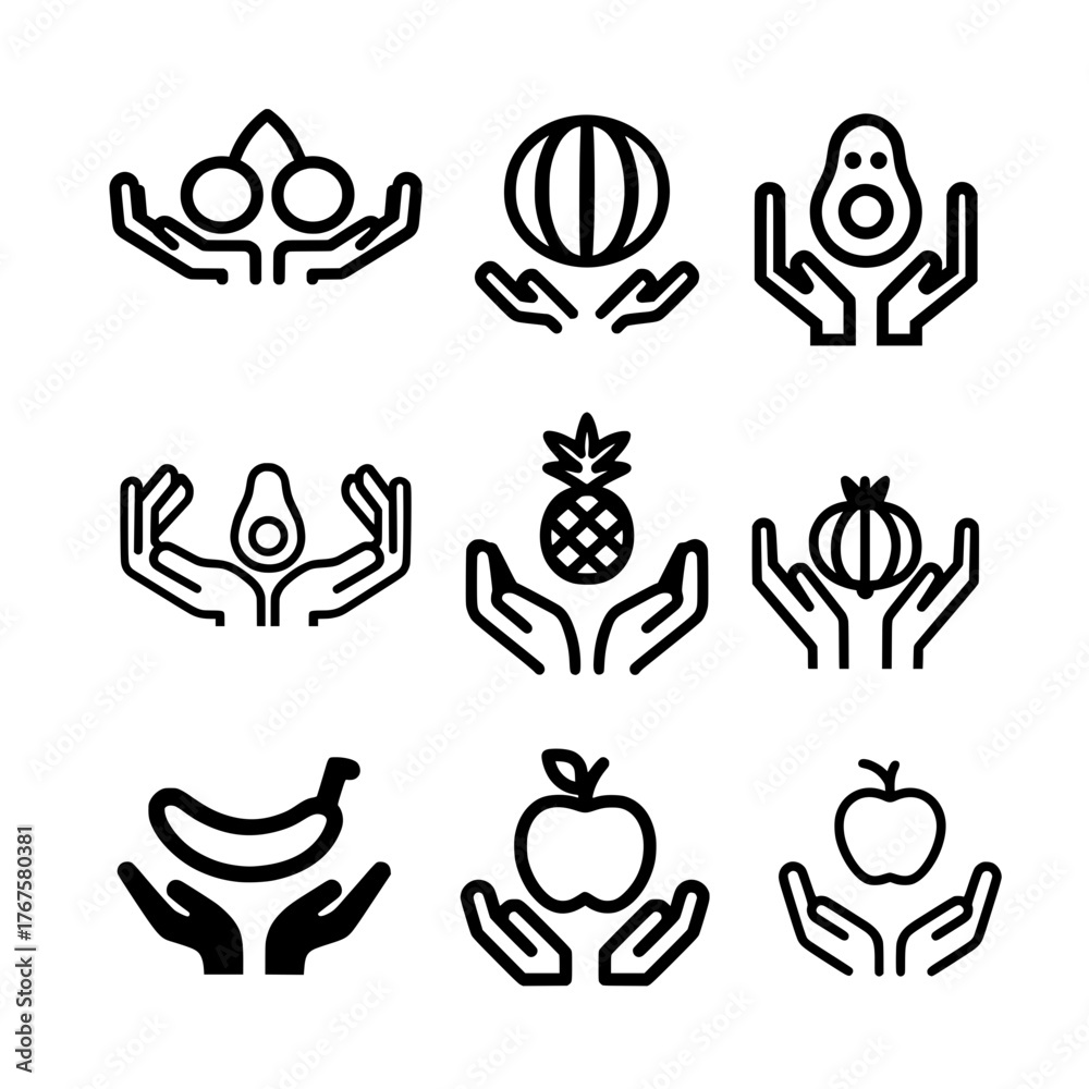 Fototapeta premium Fruit icon set on two open hands with cherry watermelon avocado pineapple apple and banana illustration